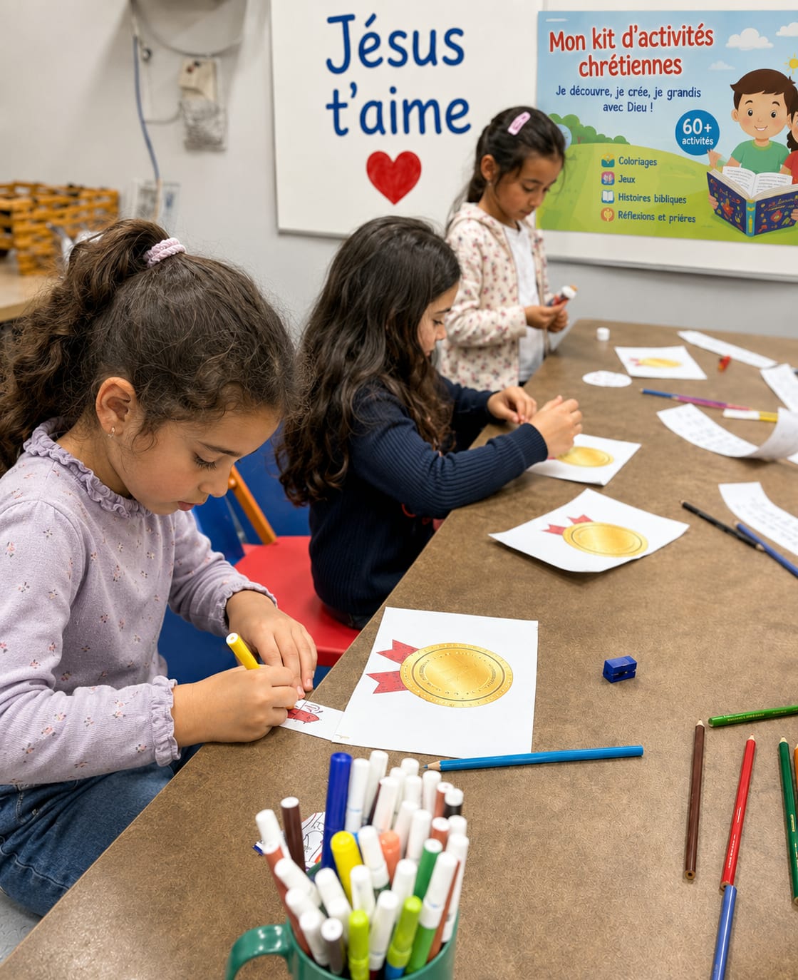 Enfants utilisant le kit Les Graines du Christ en classe
