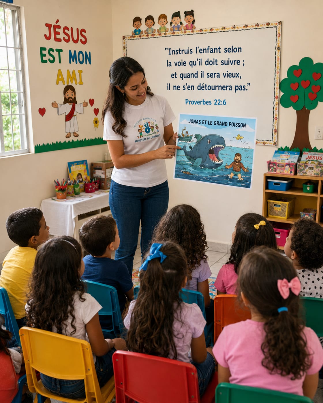 Animatrice enseignant la Bible aux enfants